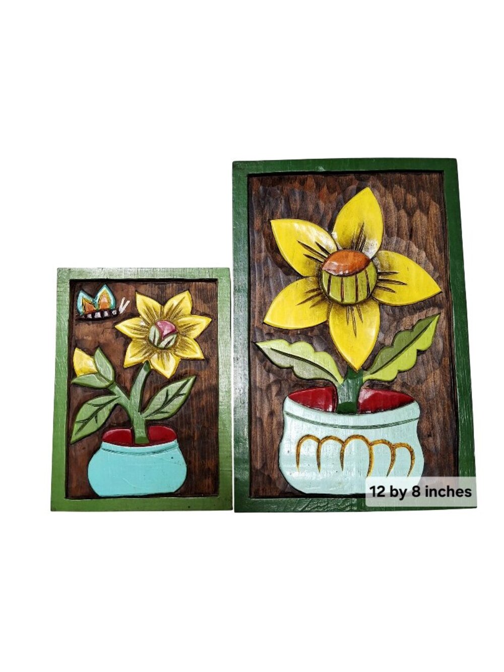 Hand-Carved Wooden Floral Wall Art Set Yellow Flowers In Pots 12x8 & 6x8 Inches